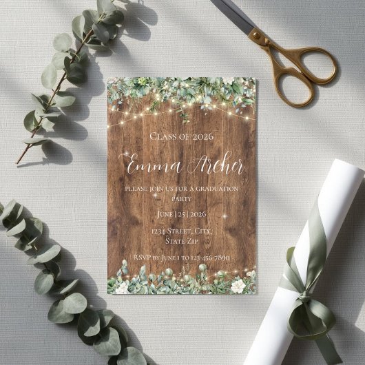 Eucalyptus Greenery & String Lights Graduation 招待状