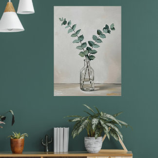 Eucalyptus in Glass Vase a Minimal Botanical Wall  ポスター