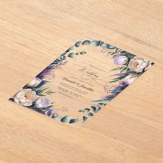 Eucalyptus, Lavender & Champagne Blush Wedding アクリル招待状 (レイダウン)