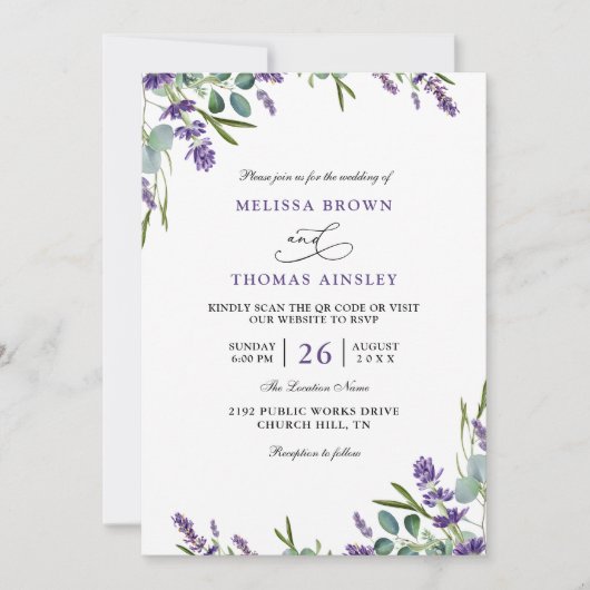 Eucalyptus Lavender Elegant Budget QR Code Wedding 招待状 (正面)