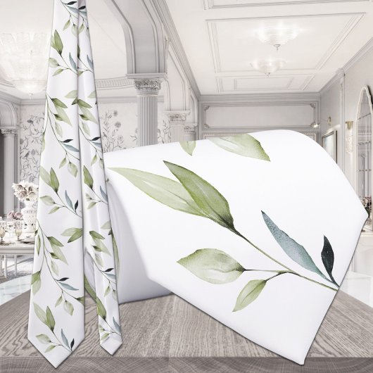 Eucalyptus Leaf Greenery Elegance White Wedding ネクタイ