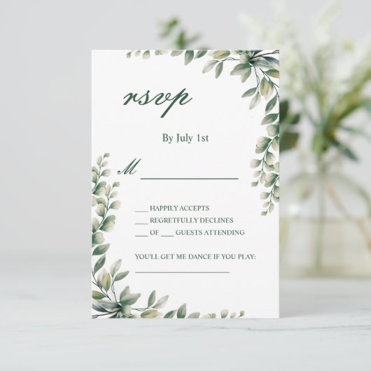 Eucalyptus leaves botanical rsvp wedding card (スタンド正面)