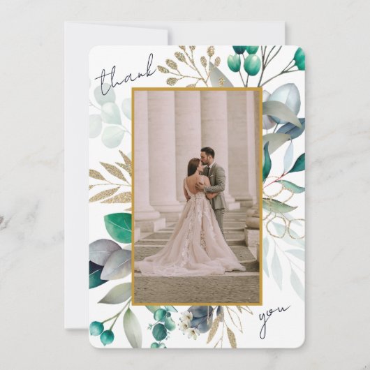 Eucalyptus Leaves & Gold Frame Watercolor Wedding サンキューカード (正面)