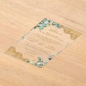 Eucalyptus Leaves Gold Lace Muslim Wedding アクリル招待状 (レイダウン)