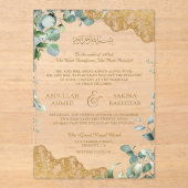 Eucalyptus Leaves Gold Lace Muslim Wedding アクリル招待状 (正面)