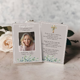 Eucalyptus Leaves Memorial Photo Taupe Prayer Card 名刺