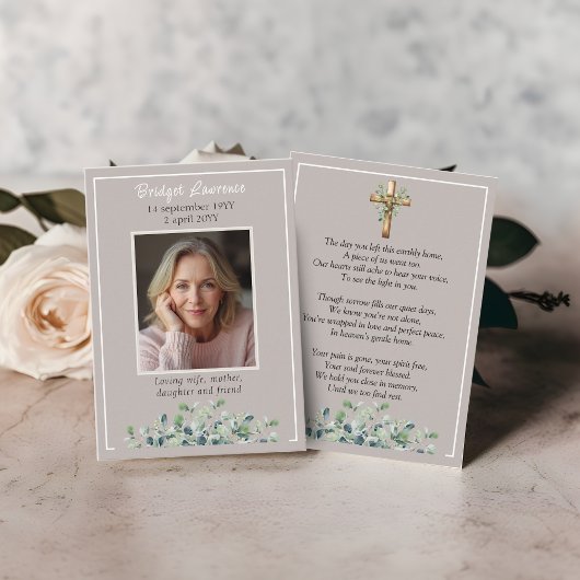 Eucalyptus Leaves Memorial Photo Taupe Prayer Card 名刺