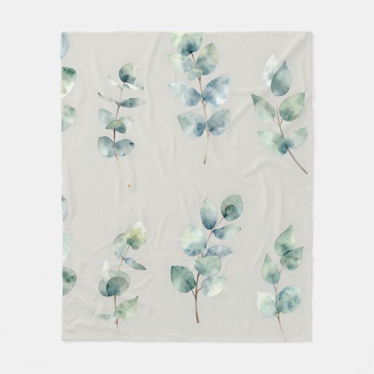 Eucalyptus Leaves Watercolor Pattern フリースブランケット (正面)