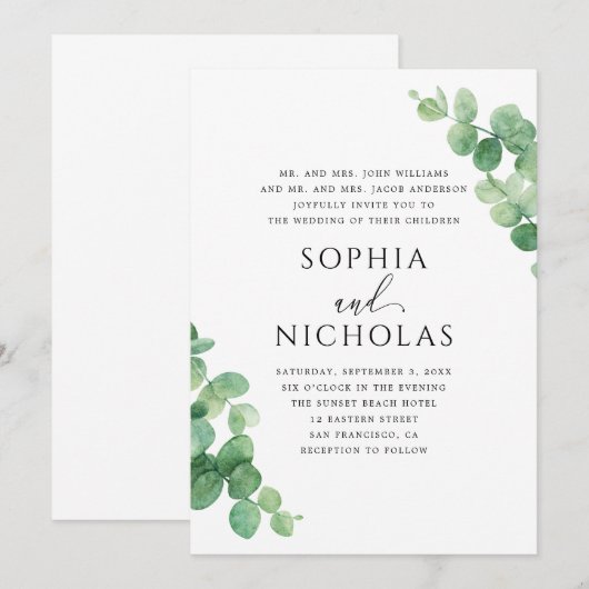 Eucalyptus Leaves Wedding. Outdoor Greenery Garden 招待状 (正面/裏面)