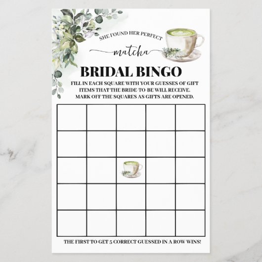 Eucalyptus Matcha Bridal Shower Bingo Game Card チラシ (正面)