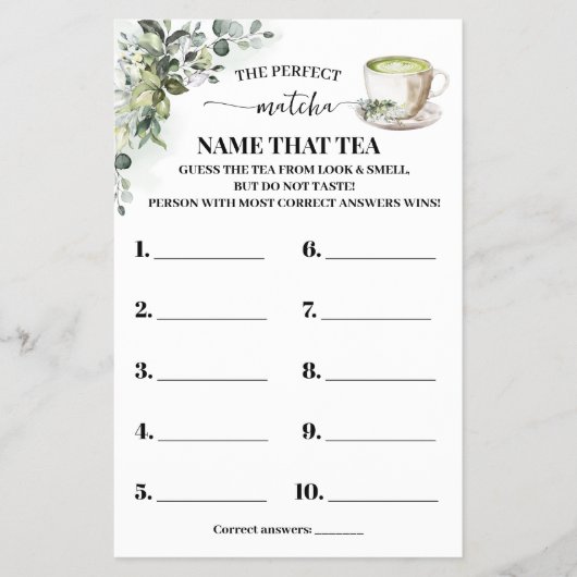 Eucalyptus Matcha Name that Tea Shower Game Card チラシ (正面)