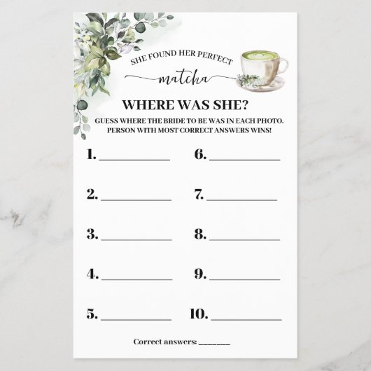 Eucalyptus Matcha Where was Bride Shower Game Card チラシ (正面)
