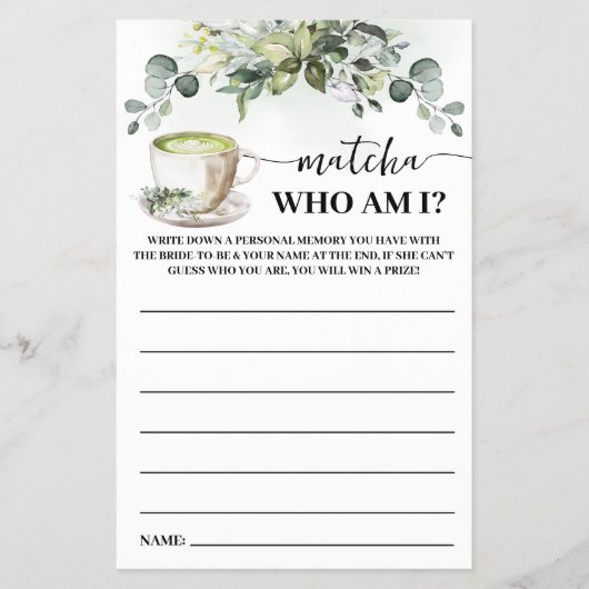 Eucalyptus Matcha Who am I Bridal Shower Game Card チラシ (正面)
