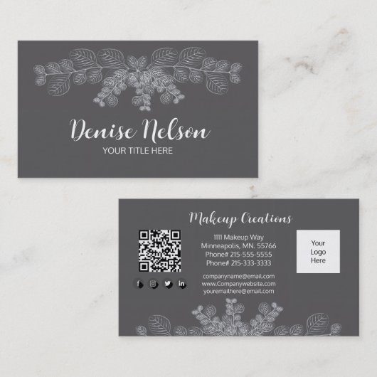 Eucalyptus Minimalist Gray Line Art QR Code 名刺 (正面/裏面)
