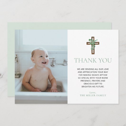 Eucalyptus Modern Baptism Photo Thank You Cards 招待状 (正面/裏面)