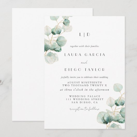 Eucalyptus Monogram Elegant  Wedding 招待状 (正面/裏面)