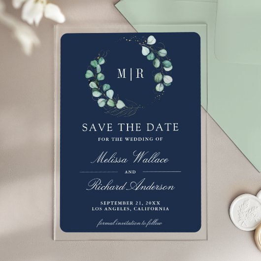 Eucalyptus Monogram Navy Wedding Save the Date アクリル招待状