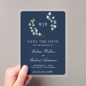 Eucalyptus Monogram Navy Wedding Save the Date アクリル招待状 (インサイチュ (ポータブル))