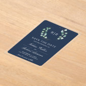Eucalyptus Monogram Navy Wedding Save the Date アクリル招待状 (レイダウン)