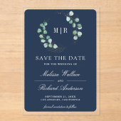 Eucalyptus Monogram Navy Wedding Save the Date アクリル招待状 (正面)