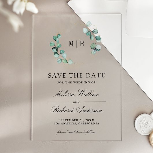 Eucalyptus Monogram Wedding Save the Date アクリル招待状
