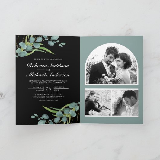 Eucalyptus Photo Collage QR Code Black Wedding 招待状 (内部)
