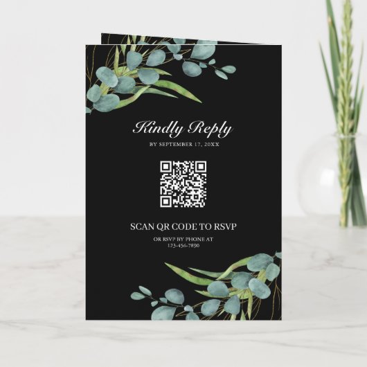 Eucalyptus Photo Collage QR Code Black Wedding 招待状 (裏面)