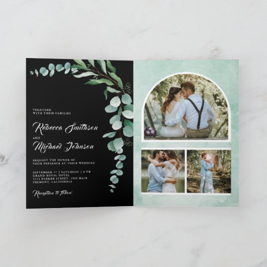 Eucalyptus Photo Collage QR Code Black Wedding 招待状 (内部)