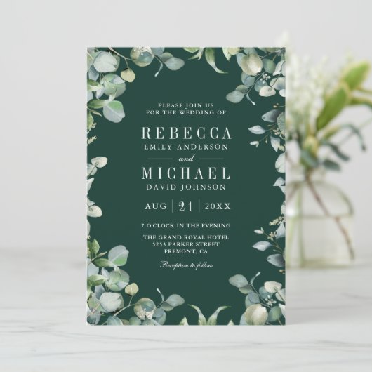 Eucalyptus Photo Collage QR Code Emerald Wedding 招待状 (スタンド正面)