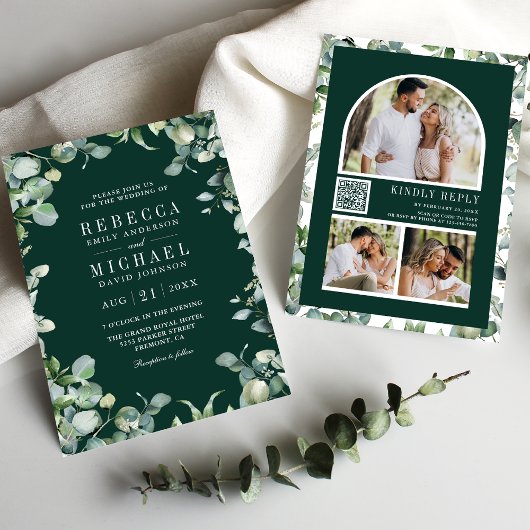 Eucalyptus Photo Collage QR Code Emerald Wedding 招待状
