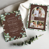 Eucalyptus Photo Collage QR Code Wood Wedding 招待状