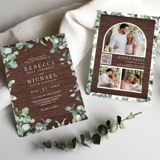 Eucalyptus Photo Collage QR Code Wood Wedding 招待状