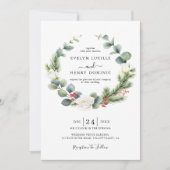 Eucalyptus Pine Greenery Wreath Evergreen Wedding 招待状 (正面)