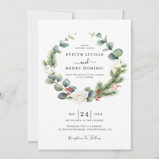 Eucalyptus Pine Greenery Wreath Evergreen Wedding 招待状 (正面)