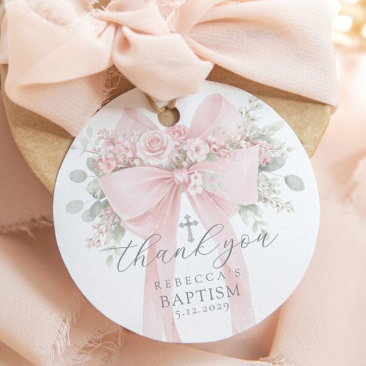 Eucalyptus Pink Bow Baptism Thank you フェイバータグ