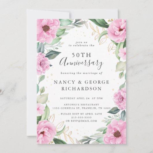 Eucalyptus Pink Flowers 50th Wedding Anniversary 招待状 (正面)