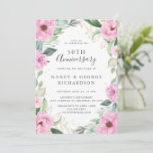 Eucalyptus Pink Flowers 50th Wedding Anniversary 招待状 (スタンド正面)