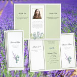 Eucalyptus Professional Business Photo Brochure チラシ<br><div class="desc">Triple folded, business brochure for a professional woman, with place for a personal photo. Light sage green eucalyptus leaves with lavender sprigs decorate each side. Customize text on all three pages on each side. Sections alternate between light sage green and white with “header text” and smaller text templates provided. Include...</div>