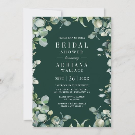 Eucalyptus QR Code Emerald Green Bridal Shower 招待状 (正面)