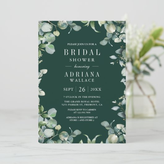 Eucalyptus QR Code Emerald Green Bridal Shower 招待状 (スタンド正面)