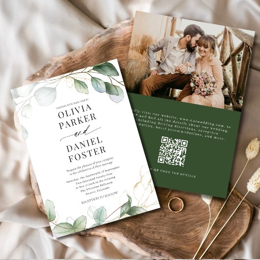 Eucalyptus QR Code Photo Greenery Wedding 招待状