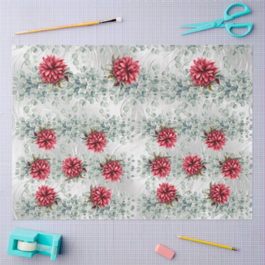 Eucalyptus & Red Flowers on  Faux Foil Decoupage  薄葉紙 (クラフト)