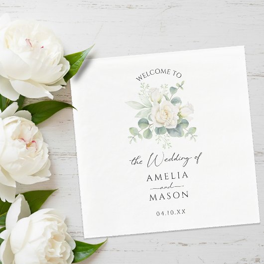 Eucalyptus Rose Floral White Paper Wedding スタンダードランチョンナプキン