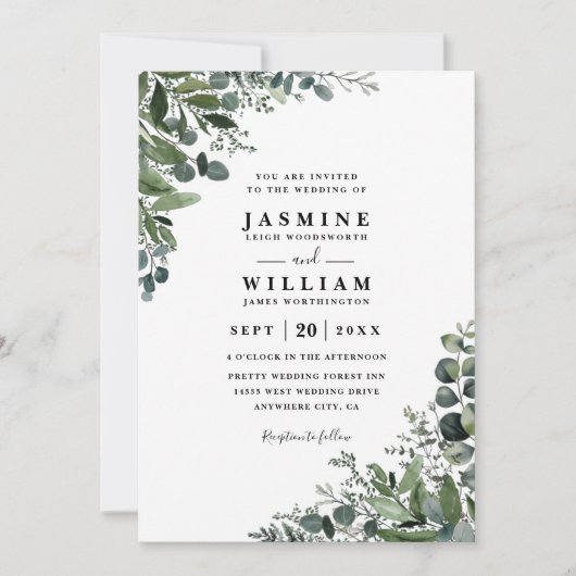 Eucalyptus Rustic Elegant Modern QR Code Wedding 招待状 (正面)
