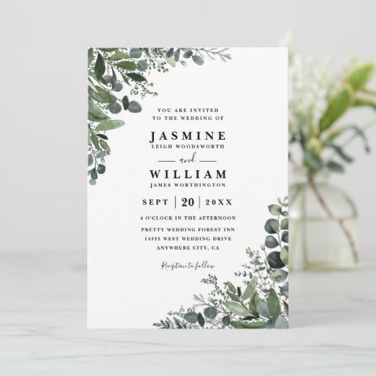 Eucalyptus Rustic Elegant Modern QR Code Wedding 招待状 (スタンド正面)