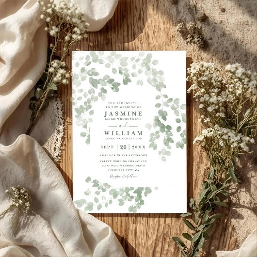 Eucalyptus Rustic Elegant Modern QR Code Wedding 招待状