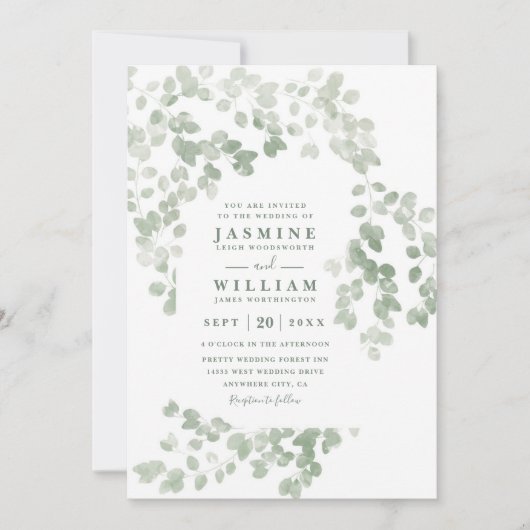Eucalyptus Rustic Elegant Modern QR Code Wedding 招待状 (正面)