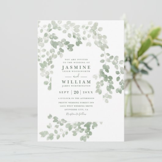 Eucalyptus Rustic Elegant Modern QR Code Wedding 招待状 (スタンド正面)