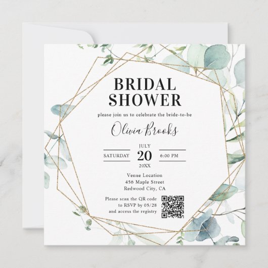Eucalyptus Rustic Photo QR Code Bridal Shower 招待状 (正面)