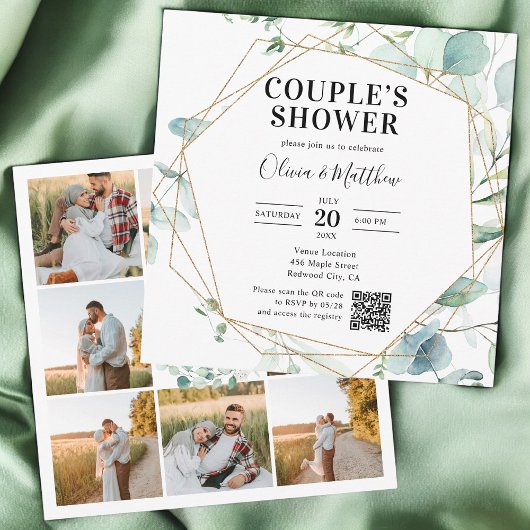Eucalyptus Rustic Photo QR Code Bridal Shower 招待状